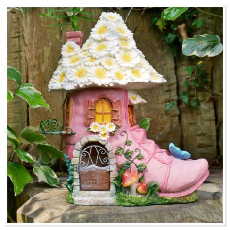 Shoe House, Fairy Garden Gifts, Sunflower House, Flower Boots, Daisy Top, Fairy Shoes, Witch Boots, Fairy Home, Fairy Garden Crafts