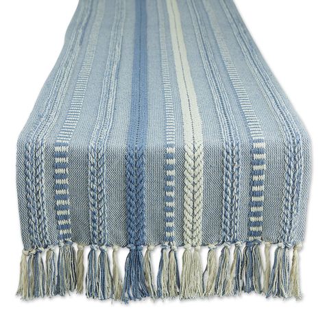 PRICES MAY VARY. 100% Cotton WOVEN TABLE RUNNER: Measures 15x72" not including 2.5" fringe on each side; Fits table that seat 4-6 people EASY TO CLEAN: 100% Cotton, machine wash in cold with like colors; Tumble dry low; To minimize shrinkage, remove just prior to being completely dry and lay flat to finish TIMELESS DESIGN: Like a favorite knit sweater, the runner has lots of texture and full of detail, fringed edges have a casual look that works with any style of dishware HIGH QUALITY HEAVY WEIG Blue Table Runners, Foyer Console, White Table Runner, Stripe Table, Colorful Centerpieces, Striped Table Runner, Striped Table, Linen Table Runner, Dining Linens