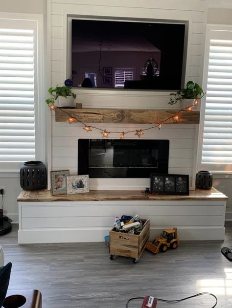 Farmhouse Fireplace Tv, Electric Fireplace Ideas With Tv And Bench, Tv Wall Ideas Without Fireplace, Tv Cabinet Fireplace, Diy Gas Fireplace Tv Wall, Fireplace Mantle Between Two Windows, Electric Fireplace With Mantle And Bench, Tv Wall With Mantle, Small Media Wall With Fireplace And Tv