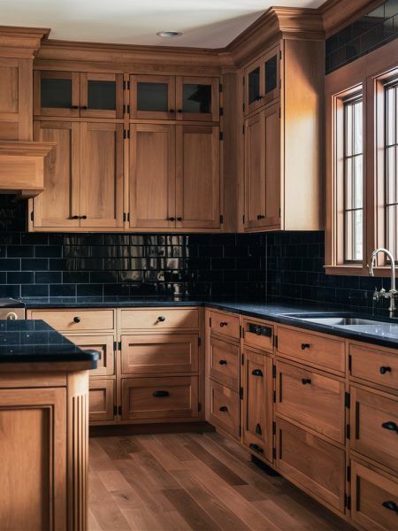 Stained Cabinets Black Countertops, Black Bottom Wood Top Cabinets, Maple Cabinets Dark Countertops, Prairie Style Kitchen Cabinets, Kitchen Inspiration Wood Cabinets, Walnut Color Kitchen Cabinets, Kitchen Mahogany Cabinets, Walnut Cabinets With Black Hardware, Dark Natural Wood Kitchen Cabinets