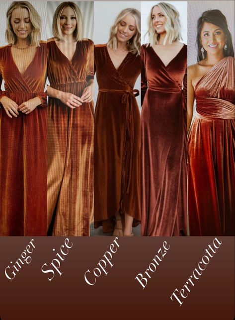 Rust Bridesmaid Dress Velvet, Fall Wedding Palette Bridesmaid Dress, Velvet Orange Bridesmaid Dresses, Copper Bridesmaid Dresses Fall, Burnt Orange Velvet Bridesmaid Dress, Burnt Orange Bridesmaid Dresses Velvet, Copper Silk Bridesmaid Dress, Spice Color Bridesmaid Dresses, Spice Bridesmaids Dresses