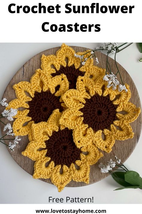 Crochet Coasters Free Pattern, Crochet Coaster Pattern, Bonnet Crochet, Cozy Crochet, Crochet Sunflower, Crochet Fall, Fun Crochet Projects, Sunflower Pattern, Crochet Flower Patterns