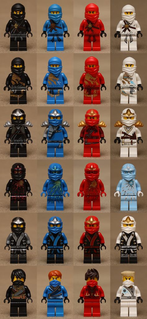 From the NinjaGo theme. Year 2011 to 2014. The four characters are in order: Cole, Jay, Kai and Zane Missing from collage: Lloyd (the Green Ninja), the Kendo outfits and alternate Rebooted outfits for Zane. (Check out the "All sizes" page, if you want this picture in mega size) I will post a picture will all the Ninjas and outfits from NinjaGo at a later date. Ninjago Outfits, Lego Ninjago Party, Ninjago Birthday, Ninjago Cole, Arte Ninja, Ninjago Memes, Ninjago Lego, Ninjago Kai, Lego People