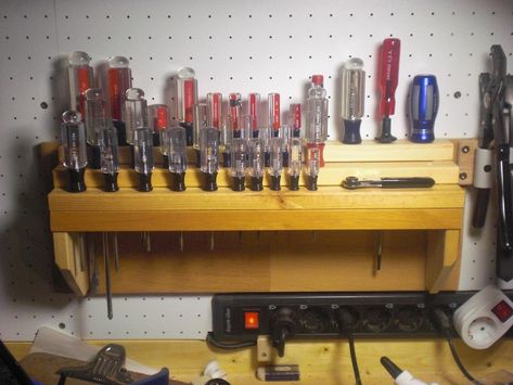 DIY Screwdriver Rack | I dug through my scrap wood pile, dri… | Flickr Screw Driver Storage, Diy Tool Storage, Screwdriver Storage, Tool Storage Ideas, Diy Magazine Holder, Metal Garage Storage Cabinets, Farmhouse Kitchen Colors, Wood Pile, Tool Storage Diy