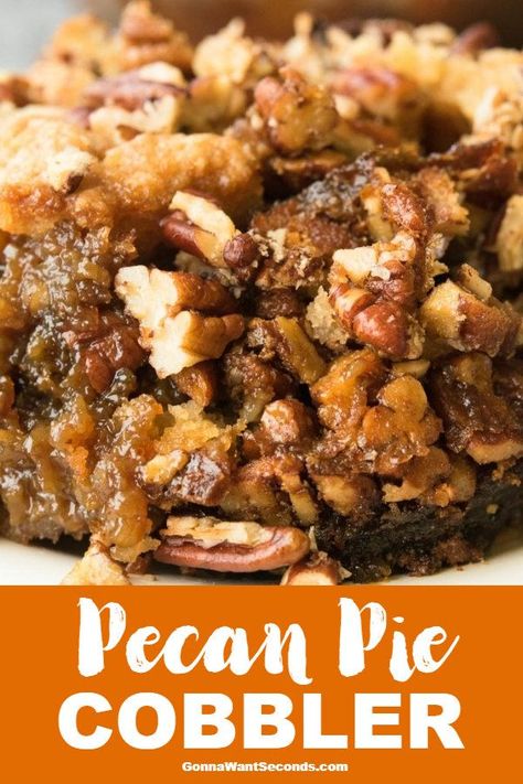 Pecan Pie Cobbler brings together the ooey gooey filling of pecan pie with the decadent cake-like topping of your favorite cobbler! It’s to die for delish! #PecanPieCobbler #Pecans Pecan Pie Cobbler Recipe, Pecan Cobbler Recipe, Pecan Pie Cobbler, Pecan Cobbler, Pecan Desserts, Pecan Pie Filling, Healthy Delicious Recipes, Cobbler Recipe, Pecan Recipes