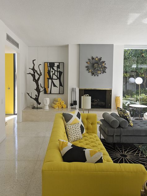 Living Room Designs Yellow Grey, Modern Living Room Bright Colors, Pop Of Color Living Room Grey Couches, Yellow In Living Room, Pop Of Yellow Living Room, Mustard Yellow And Grey Living Room, Yellow Black And White Living Room, Living Room Designs Yellow, Yellow Interior Design Living Room