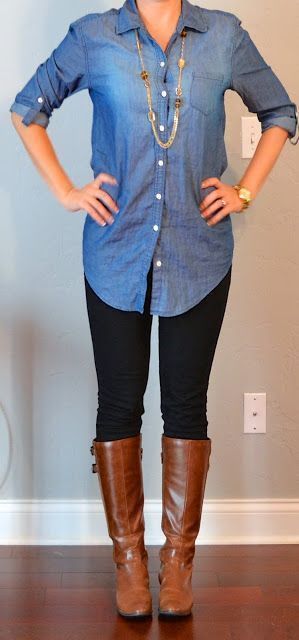 30 Days of Outfit Ideas: Color Palette + Chambray Shirt + Pants + Boots - Nada Manley - Fun with Fashion Over 40 Chambray Outfit, Looks Camisa Jeans, Kemeja Denim, Pants Boots, Simple Work, Rock Outfit, Boating Outfit, Legging Outfits, Mode Casual