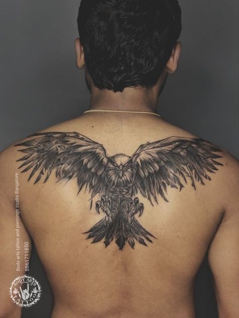 Eagle Back Tattoo. Eagle Open Wings Tattoo, Eagle With Wings Tattoo, Falcon Back Tattoo, Eagle On Back Tattoo, Neck Tattoo Eagle, Eagle Tattoo Back Men, Bird Back Tattoo Men, Eagle Tattoo For Women On Back, Eagle Back Tattoos For Guys Upper