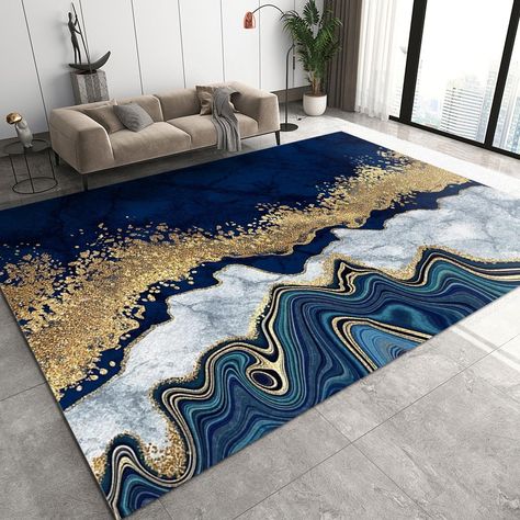 PRICES MAY VARY. ✿ CHOOSING THE RIGHT SIZE - The area rugs come in sizes 3x2ft, 2x6ft, 3x4ft, 3x5ft, 4x5ft, 4x6ft, 5x6ft, 5x7ft, 5x8ft, 6x8ft. being able to meet your individual requirements. ✿ SofT MATERIAL - The carpet in this area consists of an upper layer of Flannel, a middle layer of sponge, and a bottom layer of plastic anti-slip layer. The soft texture adds comfort to your hard floors. ✿ BEST HOUSEKEEPING - Dust and dirt on the surface can be removed easily. You can clean spills immediat Navy Blue And Gold Office Ideas, Navy Blue And Gold Office, Royal Blue And Gold Living Room, Teal Decorating Ideas, Elegant Living Room Decor Luxury, Blue And Gold Rug, Navy Living Room Decor, Texture Living Room, Throw Rugs Bedroom