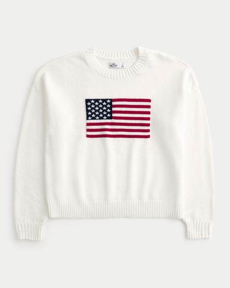 Women's American Flag Graphic Crew Sweater | Women's Sale | HollisterCo.com Flag Sweater, Fall Sweaters For Women, American Flag Sweater, Autumn Fits, Hollister Sweater, Graphic Sweaters, Over 50 Womens Fashion, Teen Clothing, Sweaters Oversized