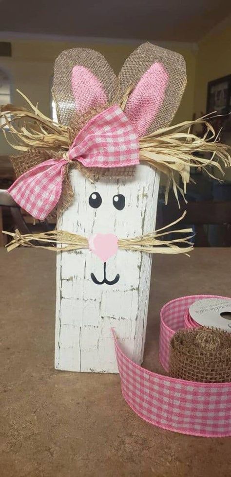 Easter Bunny Shelf Sitter - DIY Craft Junkies Wood Rabbits Diy, Spring Craft Sale Ideas, Easter Bunny Wood Crafts, Wooden Bunny Crafts, Spring Wood Decor, Wooden Easter Crafts, Easter Rabbit Crafts, Crafts For Spring, Free Crochet Bunny