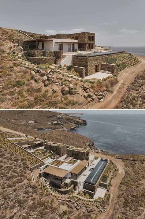 Green Roofs With Native Plants Enhance This Home Built Into A Rocky Hillside Built Into Hillside, House Built Into Hillside, Earth Sheltered Homes, Hillside House, Green Roofs, Earth Sheltered, A Frame House Plans, Weekend House, Landscape Architecture Design