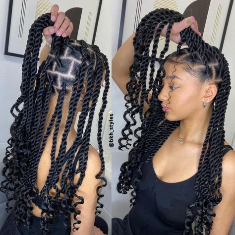 Long Jumbo Twists with Curled Ends Medium Havana Twist, Short Braids With Curls At The End, Large Senegalese Twists, Long Twist Braids, Medium Twist, Box Twists, Curled Ends, Twist Cornrows, Short Box