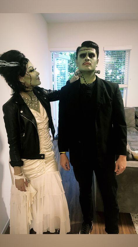 Frankenstein And His Bride Halloween Costumes, Frankenstein And The Bride Costume, Punk Bride Of Frankenstein Costume, Frankenstein Costume Men Diy, Zombie Costume Ideas For Couples, Creepy Doll Couple Costume, Couples Frankenstein Costumes, Frankenstein And Bride Of Frankenstein Costume, Hot Frankenstein Costume