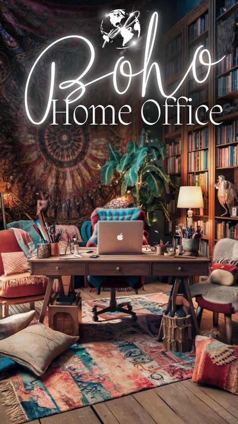 Combine vintage charm with boho style in your office. Use cozy room decor, vintage, and victorian elements to create a unique workspace. Boho lamps and a boho wall add warmth and personality. This bohemian home office setup is designed to inspire creativity and productivity. #bohoofficewithvintagecharm #bohostyleinteriordesign #chicbohemiandecor #vintage #boholamps #bohowall #bohochichomeoffice #homeoffice #cozyroomdecor #bohemianstyle Bohemian Style Office, Boho Workspace, Boho Chic Home Office, Chic Bohemian Decor, Victorian Elements, Boho Style Interior Design, Boho Lamps, Bohemian Home Office, Boho Home Office