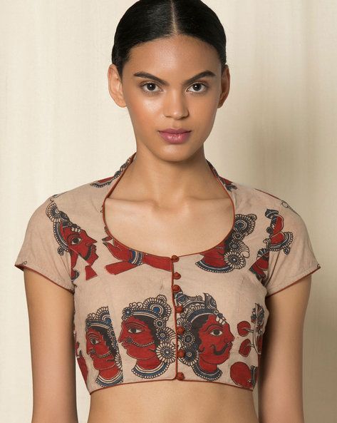 Buy Cream Indie Picks Kalamkari Print Cotton Blouse | AJIO Cotton Printed Tops For Women, Cotton Blouse Sleeve Designs Latest, Highneck Blouse Indian Dresses, Kalamkari Blouse Designs Latest, Latest Cotton Blouse Pattern, Cotton Blouse Designs Latest, Cotton Blouse Pattern, Kalamkari Blouse Designs, Kalamkari Print