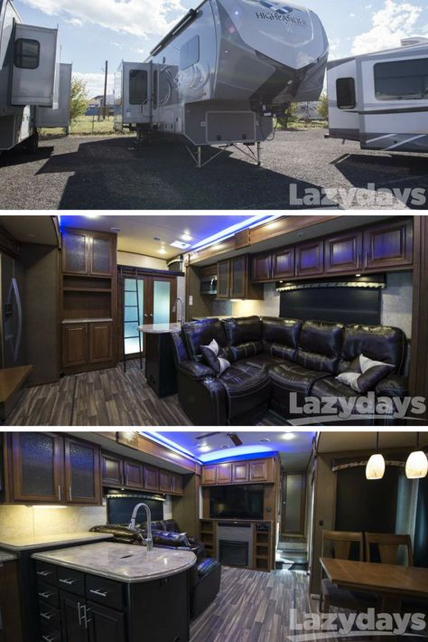 Look at these digs! We love the 2018 Open Range Highlander, available at Lazydays #RV! #Campers #ToyHaulers Rv Vans, Luxury Rv Living, Horse Trailer Living Quarters, Fifth Wheel Campers, Travel Camper, Luxury Van, Mobile Living, Open Range, Rv Makeover