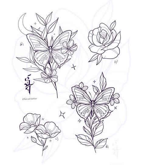 🌸 More designs available! 🌟 If you’re into butterflies or elegant florals, these designs are perfect for your next tattoo. ✨ a) Butterfly with delicate flowers and a crescent moon 🌙🦋 b) Blooming rose 🌹 c) Pair of blossoms 🌺 (D is already claimed) DM me or the studio to claim yours! 💫 -Spaces left for July, Taking deposits for August😊 #girlytattoos #tattoo #tattoos #girlswithtattoos #ink #girlytattoo #inked #cutetattoos #tattooartist #inkedgirls #tattooideas #flowertattoo #girly #tattooart... Girly Butterfly Tattoos, Girly Flower Tattoos, Girly Tattoo Stencils, Flowers And Butterfly Tattoo, Brenda Tattoo, Butterfly Floral Tattoo, Butterfly Flowers Tattoo, Butterfly And Flower Tattoo Designs, Girly Tattoo Ideas