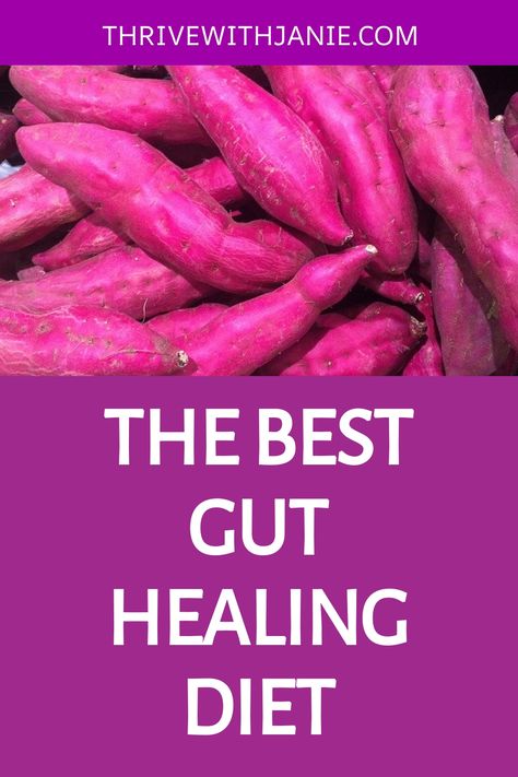 Purple sweet potatoes with the text "The Best Gut Healing Diet" on a purple background. Foods For Leaky Gut, Fasting For Gut Health, Healing Gut Inflammation, Leaking Gut Diet, Leaky Gut Meals, Gut Cleansing Diet, Gut Health Foods To Eat, How To Heal Gut Naturally, Dr Pompa Cellular Healing Diet Recipes