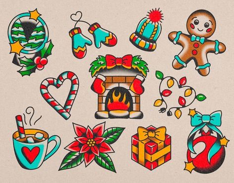 Christmas American Traditional Tattoo, Holiday Tattoo Flash, Old School Christmas Tattoo, Small Grinch Tattoo, Cute Christmas Tattoos, Holiday Flash Tattoo, Christmas Tattoos Small, Christmas Tattoo Flash Sheet, Christmas Themed Tattoos