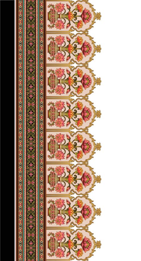 Textile Digital Prints, Mughal Flower Border, Mughal Embroidery Designs, Kalamkari Patterns Design, Digital Print Design Pattern, Kalamkari Borders Design, Indian Border Design, Border Design Textile, Mughal Art Motifs