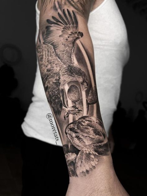 Eagle and snake ready for fighting. This symbolizes the two sides of a conflict, they are both strong and ruthless animals. A battle between the good and the bad, who wins? @moretats_ #animaltattoo #tattoo #tattooideas #tattoolove #tattooinspiration #besttattooartist #animalstattoo #wildanimals #snake #snaketattoo #wildanimaltattoo #eagle #eagletattoo Mexico Eagle And Snake Tattoo, Eagle Snake Tattoo Realistic, Eagle Eating Snake Tattoo, Eagle With Snake Tattoo, Aztec Eagle Warrior Tattoo, Snake Eagle Tattoo, Eagle Snake Tattoo, Eagle And Snake Tattoo, Mexican Eagle Tattoo