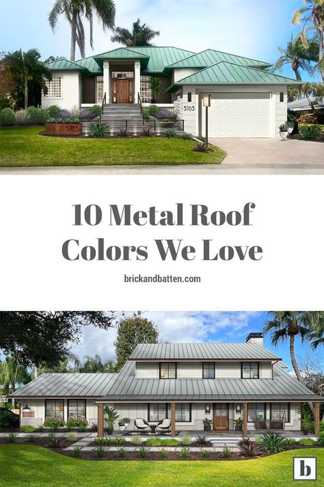 Whether you want to go bold with red, embrace earth tones with green, or keep it simple with a neutral, there are plenty of metal roof colors to choose from for your home's exterior. This post is full of different metal roof and house color combos for your inspiration. #metalroof #metalroofingideas #metalroofcolors #metalroofhouses Metal Roof Exterior House Colors, Metal Roof Stucco House, Green Roof House Colors Exterior Paint Farmhouse, Metal Roof Colonial House, Beige Metal Roof Exterior Colors, White House Metal Roof Colors, Green Metal Roof White House, Brick House With Black Metal Roof, Exterior House Colors With Silver Metal Roof