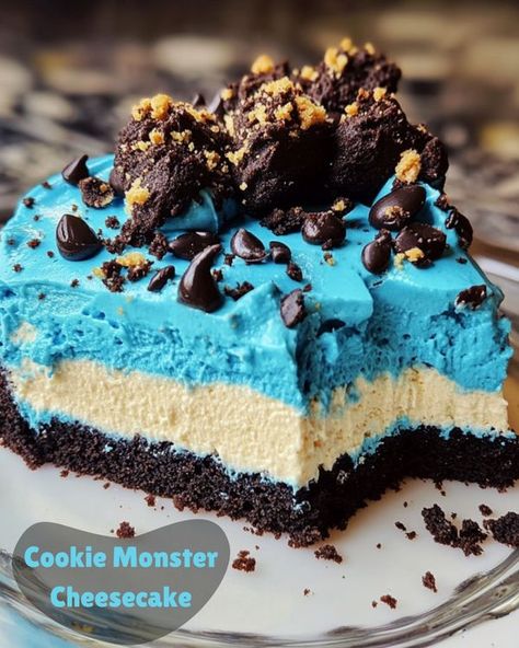 Recipes Lovers with Olivia | 💙 Cookie Monster Cheesecake 🍰🤌 | Facebook Cookie Monster Cheesecake, Monster Cheesecake, Cookie Monster Ice Cream, Monster Treats, Cookie Monster Cake, Monster Cake, Oreo Crust, Cheesecake Filling, Creamy Cheesecake