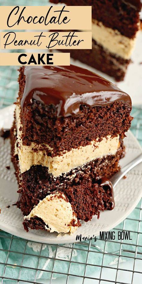 Closeup shot of rich, decadent chocolate peanut butter cake on white plate with more cake in background. Chocolate Peanut Butter Cake Recipe, Peanut Butter Cake Recipe, Butter Desserts, Chocolate Peanut Butter Cake, Bargello Quilt, Butter Cake Recipe, Bake Goods, Peanut Butter Cake, Butter Recipes