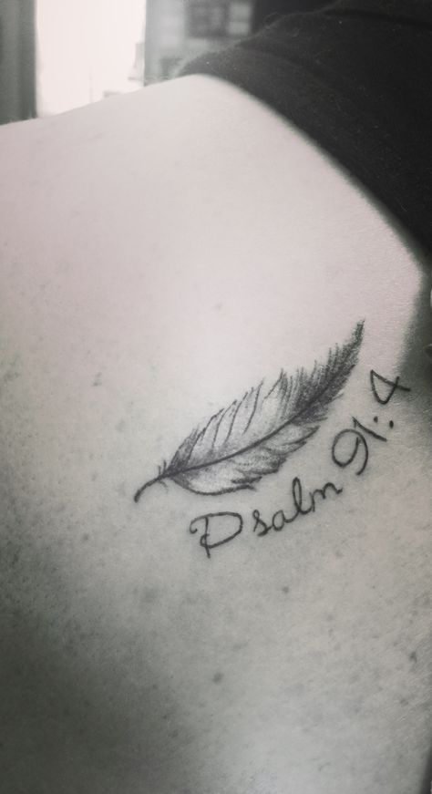 Tattoo #2 Feather with Psalm 91:4 " He will cover you with his feathers. He will shelter you with his wings. His faithful promises will be your armor and protection." Psalm 91 Tattoos For Women, Psalm 91 4 Tattoo, Psalms 91 Tattoo, Psalm 91 Tattoo, Psalm Tattoo, Psalm 91 4, Dandelion Tattoo, Feather Tattoo Design, 4 Tattoo