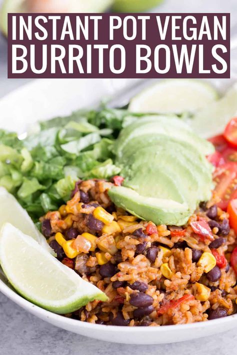 Instant Pot Burrito Bowls! These vegan bowls are perfect for busy weeknights. Super flavorful Mexican rice with avocados, lettuce, tomatoes and more! | #vegandinner #veganinstantpot #vegetarianrecipes #vegetarianinstantpot #instantpotrecipes #instantpotdinners #recipes #dinner #healthy | www.delishknowledge.com Instant Pot Burrito, Instant Pot Vegan, Vegan Instant Pot Recipes, Vegan Burrito, Vegetarian Instant Pot, Vegan Mexican Recipes, Keto Vegan, Burrito Bowls, Mexican Rice