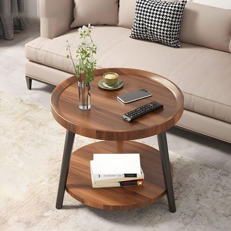 PRICES MAY VARY. ★2-Tier Shelf Design: The wood coffee table has 2-tier open shelf for living room items such as cups, books, tissues,toys and a variety of items. This coffee table boasts a 20" width round top, perfect for keeping your living room supplies organized and your daily essentials close at hand. ★Sturdy & Durable Structure: High quality and wear-resistant wooden board ensure stability and durability for years of use.The sturdy metal table legs make the round coffee table strong and st Layer Sofa, Modern Center Table, Center Table For Living Room, Home Office Sofa, Modern Table Design, Round Coffee Table Living Room, Living Room Furniture Styles, Brown Coffee Table, Coffee Table Living Room