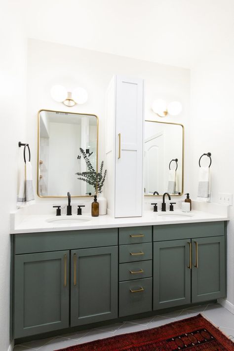 Green Bathroom Vanity, Green Vanity, Pretty Bathrooms, Green Cabinets, Boys Bathroom, Upstairs Bathrooms, Green Bathroom, Bathroom Renos, Bathroom Remodel Master