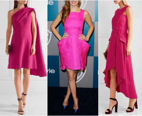 Have a hot pink, fuchsia or magenta dress? Learn what are the best color shoes to wear with a hot pink dress from shoe-tease.com Fusha Cocktail Dress, Black Dress Hot Pink Shoes, Fushia Dress Outfit Party, Hot Pink Dress Styling, Fuchsia And Black Outfit, Shoes With Pink Dress What Color, Pink Cocktail Dress Outfit, Shoes For Magenta Dress, Majenta Color Outfit