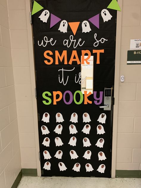 October Teacher Door Ideas, Classroom Doors For Halloween, Cute Halloween Door Decorations Classroom, Ghost Bulletin Board Preschool, Halloween Decorated Doors For School, Preschool Classroom Halloween Decor, Halloween School Decor, Classroom Door Decorations Fall, Halloween Door Preschool