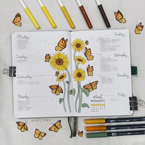 Sunflower Journal Page, Bujo Sun Theme, Sunflower Bujo Theme, Sunflower Bullet Journal Theme, Bujo Sunflower Theme, Sunflower Journal Ideas, Bujo Flower Theme, Sunflower Bujo, Sunflower Doodles