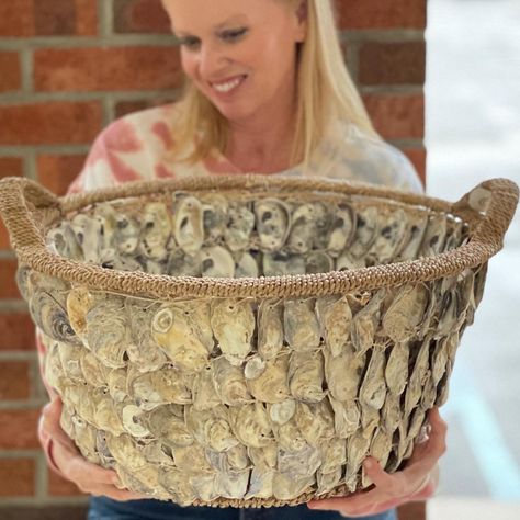 Large Oyster Shell Decor, Oyster Shell Decor, Oyster Basket, Oyster Crafts, Shell Furniture, Oyster Shells Decor, Shell Centerpieces, Shell Projects, Oyster Art