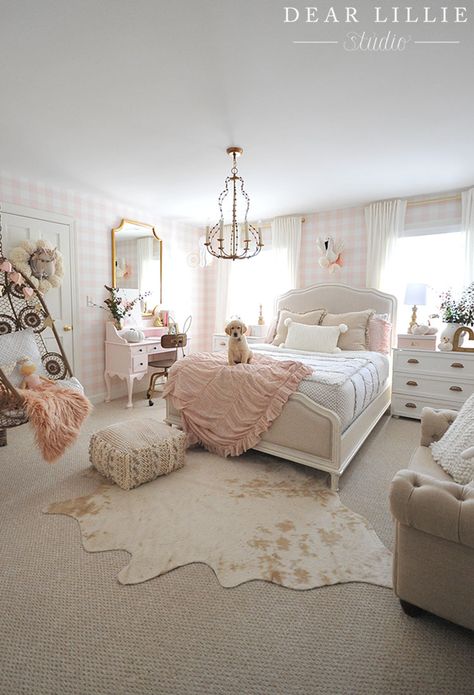 Gold Euro shams and a knit pillow from HomeGoods help add a cozy touch to this pink and white girls bedroom. (sponsored pin) White Girls Bedroom, Cool Kids Rooms, Dekorasi Kamar Tidur, Girl Bedroom Designs, Teen Bedroom Decor, Girl Bedroom Decor, Room Inspiration Bedroom, Room Ideas Bedroom, Dream Rooms