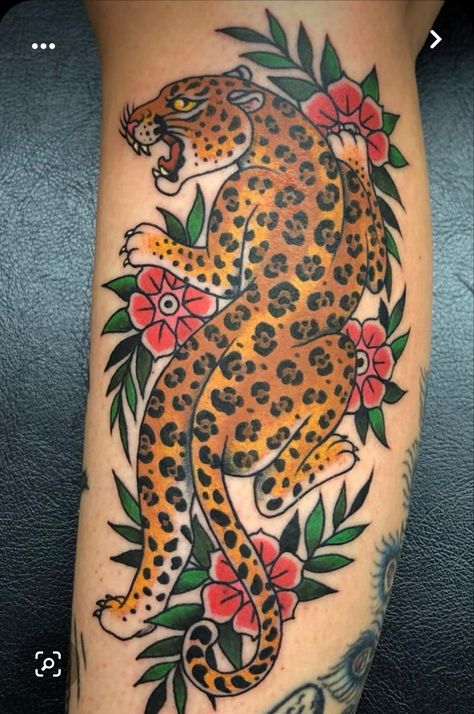 American Traditional Jaguar, American Traditional Jaguar Tattoo, Traditional Jaguar Tattoo, Traditional Tattoo Animals, Traditional Tiger Tattoo, Cheetah Tattoo, Jaguar Tattoo, Backpiece Tattoo, Shin Tattoo