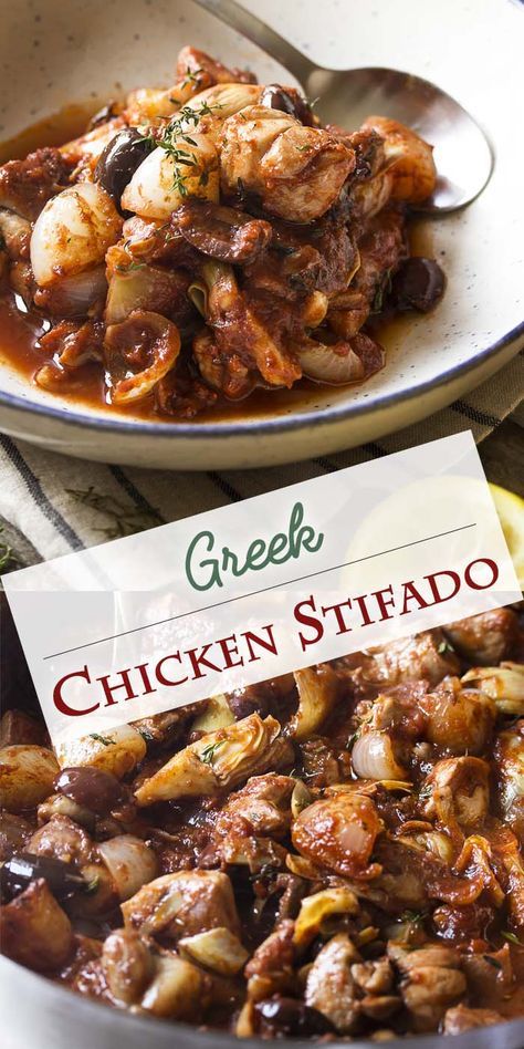 Chicken stifado is a delicious and healthy Greek stew which cooks in 30 minutes, making it easy comfort food for a weeknight. In this stew chicken thighs are marinated in a red and herb marinade then browned and cooked together with artichokes, tomatoes, and plenty of onions. Great over orzo, mashed potatoes, or noodles. | justalittlebitofbacon.com #greekfood #chickendinner #easydinner #stew #chickenstew #chicken Chicken Stifado, Herb Marinade, Stew Chicken, Mediterranean Diet Recipes Dinners, Greek Dinners, Greek Cooking, Greek Dishes, Easy Comfort Food, Greek Chicken