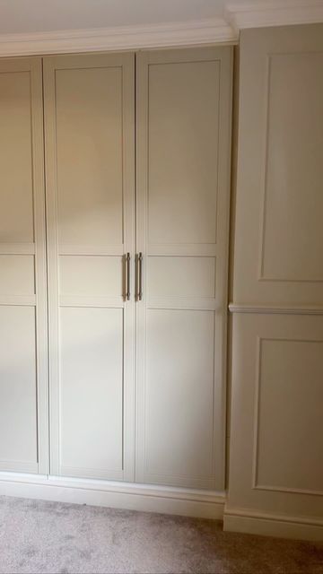 Slim Built In Wardrobe, Wardrobe Panelling Design, Ikea Pax Wardrobe Flisberget, Cream Fitted Wardrobes Bedroom, Fitted Wardrobe Colour Ideas, Painted Fitted Wardrobe Ideas, Ikea Pax Closet Built In, Coloured Wardrobe Doors, Ikea Pax Painted