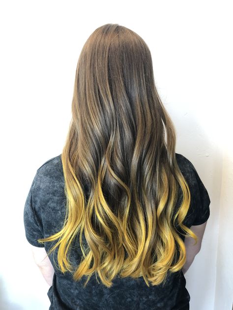 Brown hair with vivid yellow balayage tips Brown To Yellow Ombre Hair, Yellow Highlights In Brown Hair, Brown Hair With Yellow Highlights, Yellow And Brown Hair, Brown And Yellow Hair, Yellow Balayage, Brown Hair Tones, Yellow Hair Dye, Brown Auburn Hair