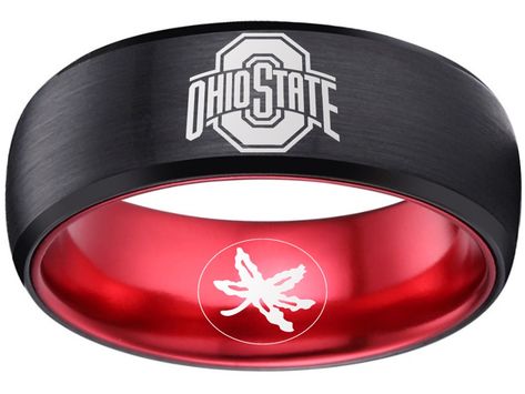 Ohio State Buckeyes Ring Black & Red ring 8mm Tungsten Ring, sizes 6 - 13  available. Customize with a special name, date or message on the inside of the band. #ohio #state #ohiostate #buckeyes #big10 #ncaa #football Ohio State Wedding, Buckeye Jewelry, Ohio State Gifts, Buckeye Nation, Ohio State Buckeyes Football, Osu Buckeyes, Buckeyes Football, Red Ring, Red Rings