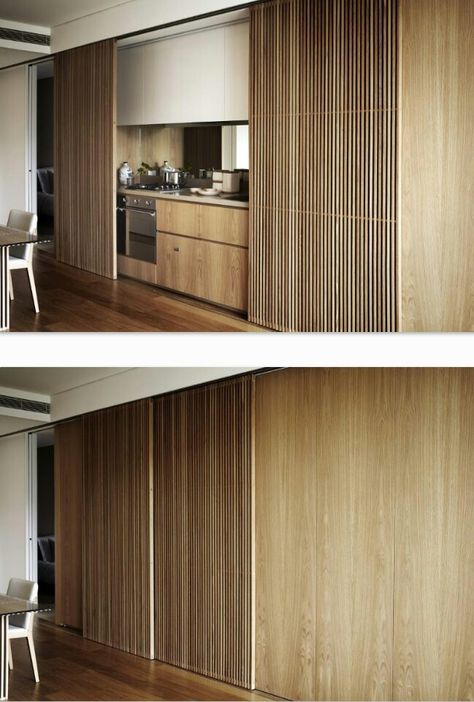 Kitchen Sliding Doors, Hidden Kitchen, 아파트 인테리어, Modern Kitchen Cabinets, Mini Kitchen, Tiny Apartment, Tiny Kitchen, Hallway Ideas, Kitchen Cabinet Design