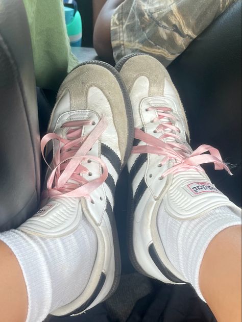 Amazon pink ribbon laces. Adidas Sambas oufit. #fashion #aesthetic #coquette Coquette Sneakers Aesthetic, Pink Baseball Aesthetic, Coquette Tennis Shoes, Pink Softball Aesthetic, Coquette Trainers, Pink Tennis Aesthetic, Coquette Tennis, Coquette Aesthetic Pictures, Sport Shoes Outfit