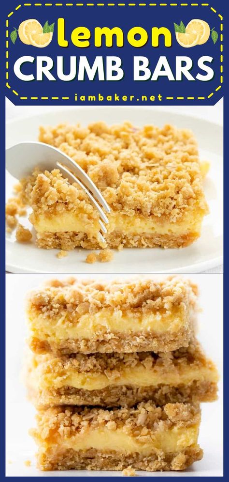 These Lemon Crumb Bars are homemade dessert bars filled with lemon filling and flavor in between two layers of an oatmeal crust. Add this lemon dessert recipe to your favorite summer dessert recipes! Lemon Crumb Bars, Fruit Bars Recipe, Pie Filling Desserts, Lemon Desserts Bars, Homemade Lemon Bars, Oatmeal Crust, Oatmeal Dessert, Fruit Desserts Easy, Lemon Treats