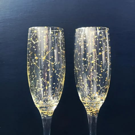 CLASSIC Celestial Starry Night Champagne Flutes Set of 2 Hand-painted Constellation Themed Stemmed Champagne Glasses, 8 Oz - Etsy Moon Wedding Theme, Starlight Wedding, Star Themed Wedding, Constellation Wedding, Celestial Wedding Theme, Quinceanera Theme, Gold Champagne Flutes, Gold Drinks, Starry Night Wedding