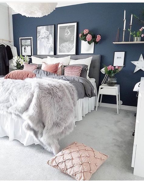 Love this. The colors are perfect Basement Living, Bedroom Color Schemes, Blue Bedroom, Master Bedrooms Decor, White Bedroom, Blue Walls, Bedroom Colors, Blue Design, Design Case