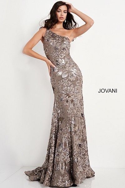 Jovani 5076 Taupe One Shoulder Sequin Evening Dress Fitted Homecoming Dresses, Long Sleeve Homecoming Dresses, Informal Wedding Dresses, Fitted Prom Dresses, Lace Evening Gowns, Long Formal Dress, Prom Dresses Two Piece, White Prom Dress, Sequin Evening Dresses