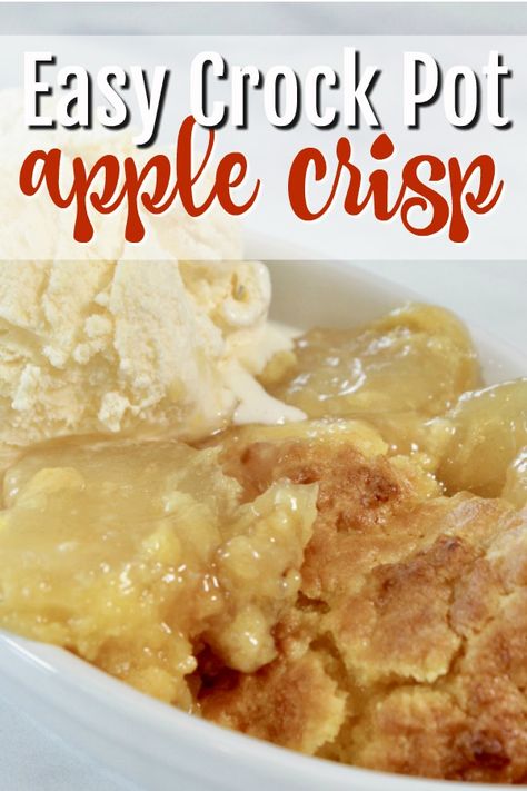 This apple crisp easy recipe is one of my absolute favorites. You use the Crock Pot to make this dessert and only four ingredients. Crock pot dessert recipes, apple especially are absolutely delicious! #apple #crisp #dessert #slowcooker #crockpot via @MomsCravings Crock Pot Apple Crisp With Pie Filling, Keto Crockpot Apple Crisp, Apple Pie In Crockpot, Crock Pot Apple Cobbler Easy, Apple Crisp Crockpot Slow Cooker, Old Apple Products, Crockpot Apple Crisp With Pie Filling, Crockpot Apple Crisp Easy Cake Mixes, Apple Crisp In The Crockpot